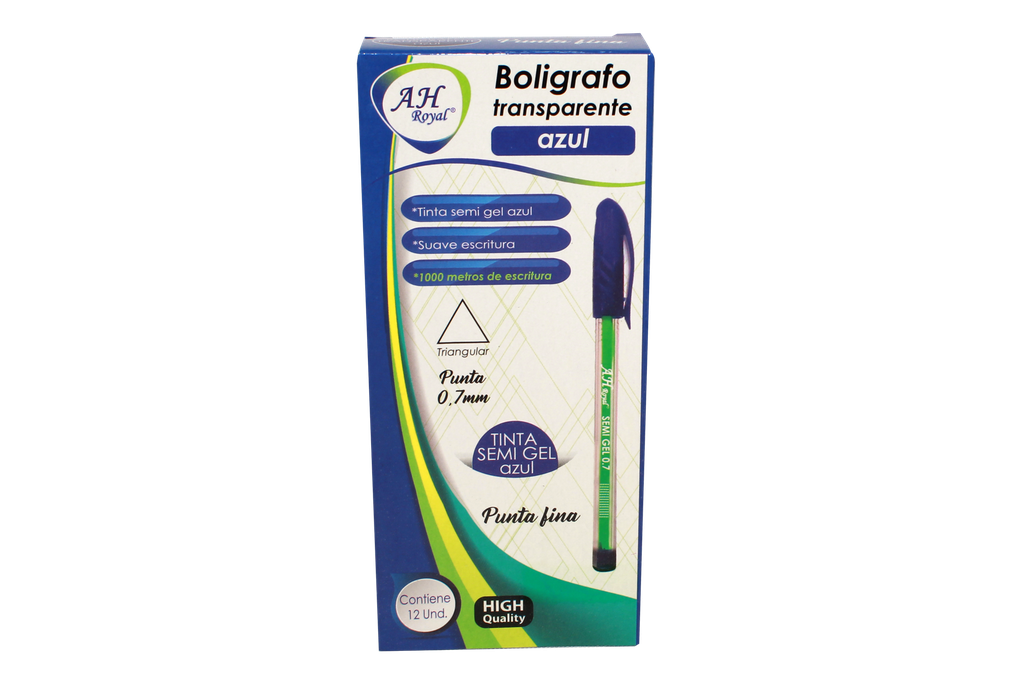 BOLIGRAFO AH ROYAL SEMI GEL 0.7 TRIANGULAR AZUL (DISPLAY X 12UNDS) CAJA X 144DPS
