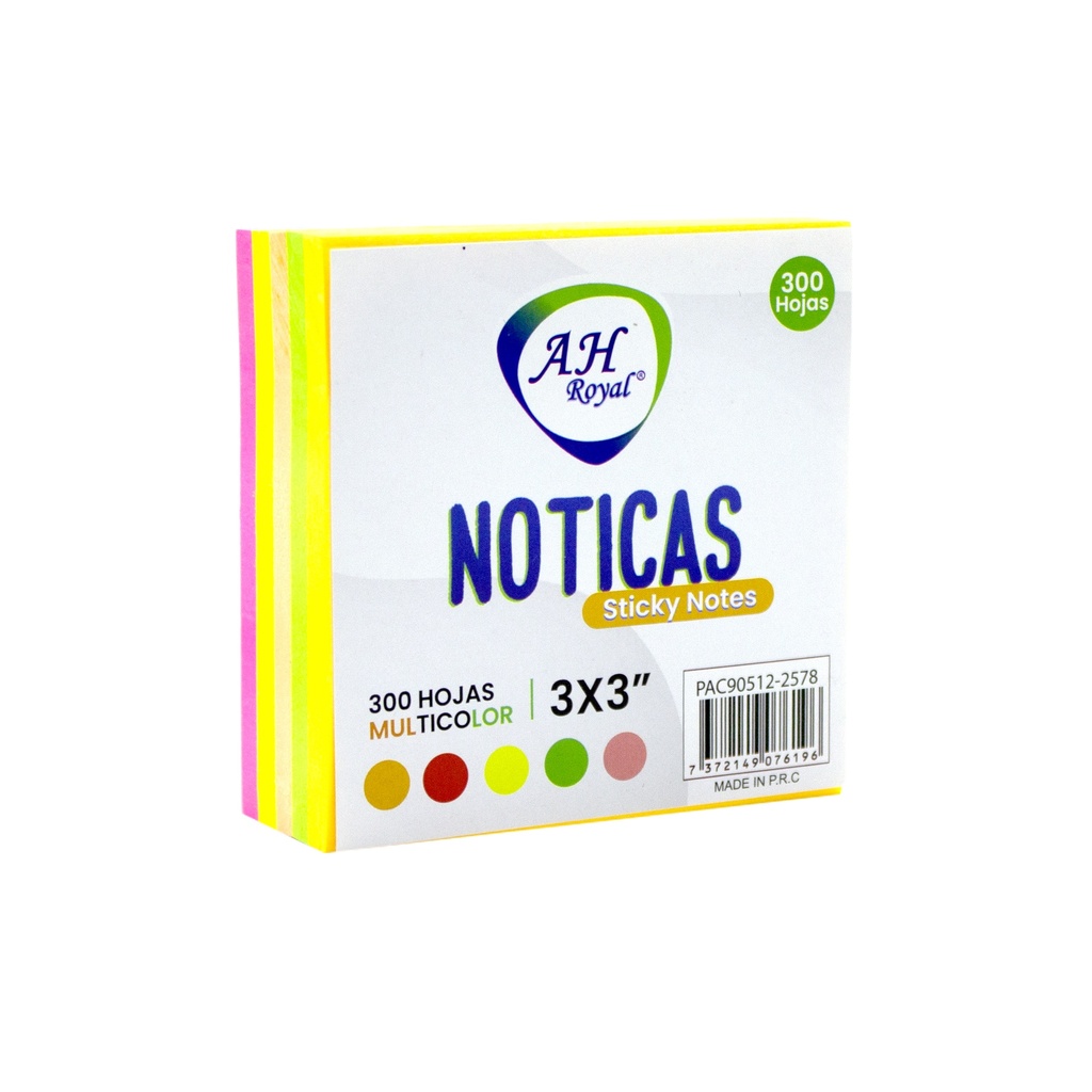 PAPEL PARA NOTAS AH ROYAL  X 300 UNIDADES NEÓN  SURTIDO -CAJA X 192 UNDS- [PAC90512-2578]