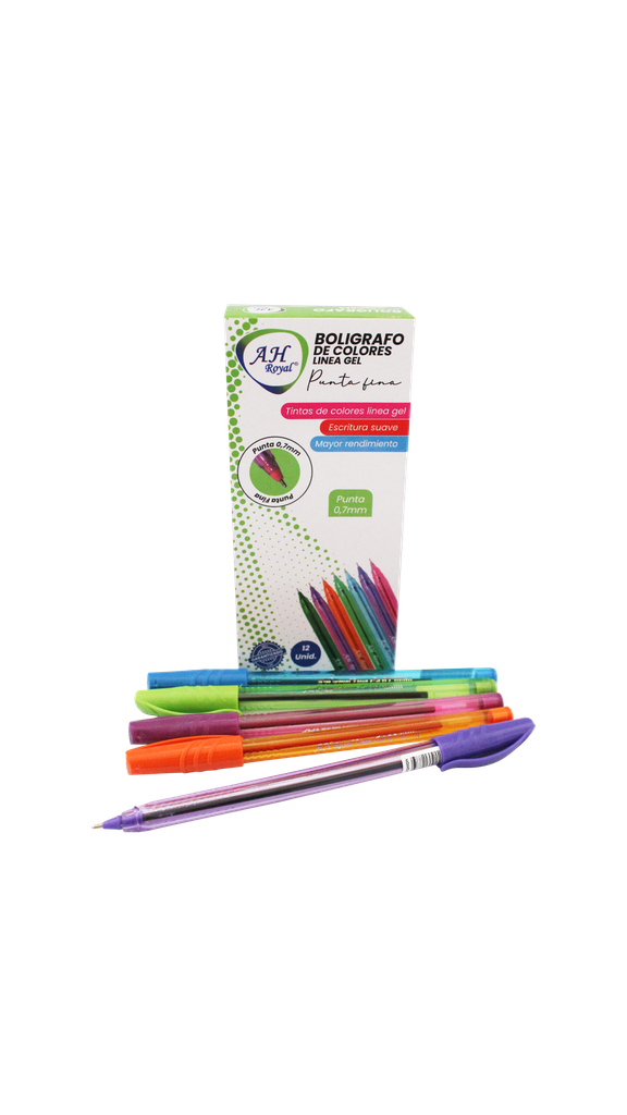 BOLIGRAFO AH ROYAL SEMIGEL 1 MM TRIANGULAR COLORES SURTIDOS REF PA728 (DISPLAY X 12UNDS) CAJA X 144DPS